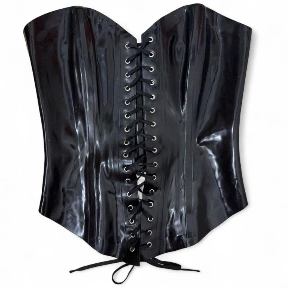 Rare black 100% real latex rubber lace-up overbust corset. Size L.
